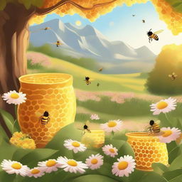 A serene and picturesque honey haven, featuring golden honeycombs, buzzing bees, and lush flowers