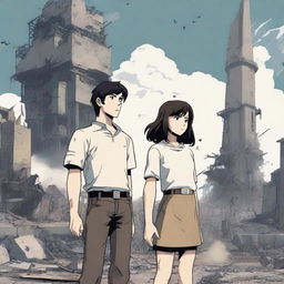 A scene featuring a dark-haired white girl standing next to a tall, very strong white boy