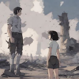 A scene featuring a dark-haired white girl standing next to a tall, very strong white boy