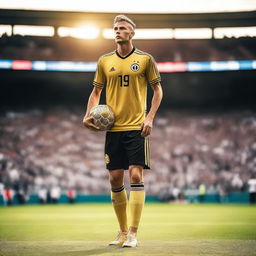 A wealthy soccer player standing on a luxurious football field