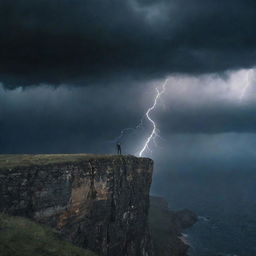 A lone man standing on the edge of a cliff under a dark, turbulent sky with dramatic lightning storms.