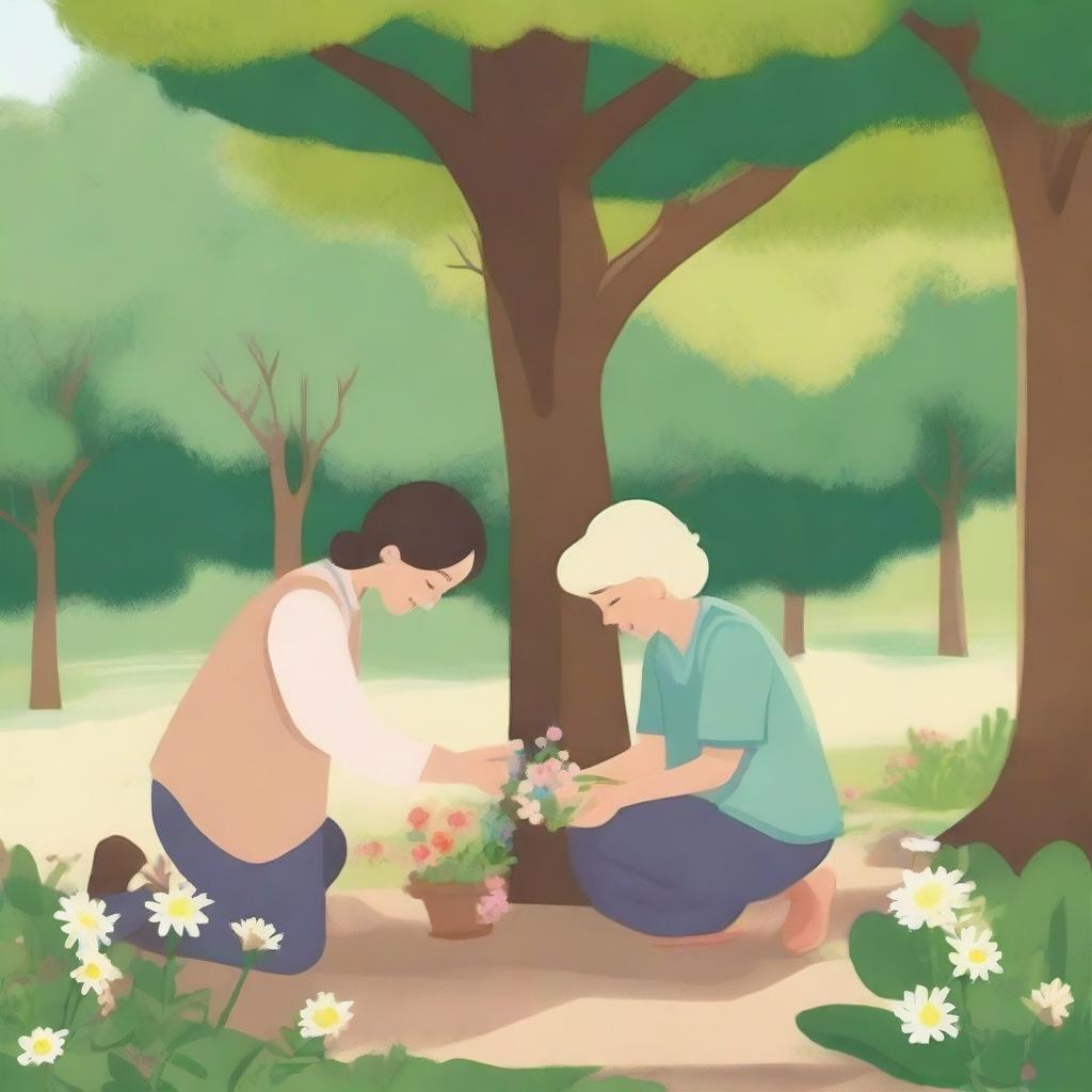 A serene and heartwarming scene depicting acts of care and kindness