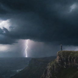 A lone man standing on the edge of a cliff under a dark, turbulent sky with dramatic lightning storms.