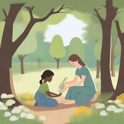 A serene and heartwarming scene depicting acts of care and kindness