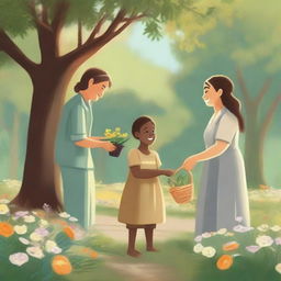 A serene and heartwarming scene depicting acts of care and kindness