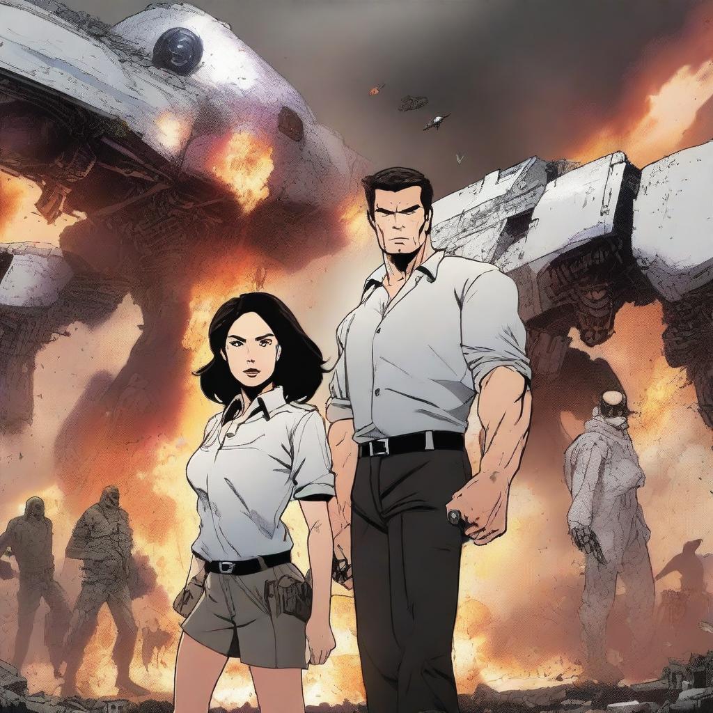 A dramatic scene featuring a dark-haired white woman standing next to a very strong white man