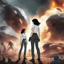 A dramatic scene featuring a dark-haired white woman standing next to a very strong white man