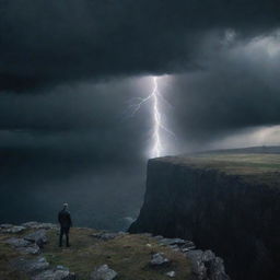 A lone man standing on the edge of a cliff under a dark, turbulent sky with dramatic lightning storms.