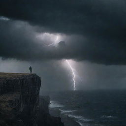 A lone man standing on the edge of a cliff under a dark, turbulent sky with dramatic lightning storms.