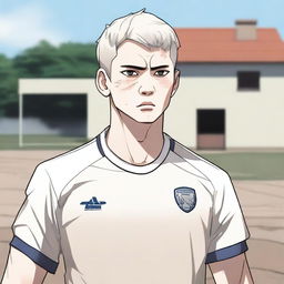 A poor soccer player with white skin and short hair, depicted as a man