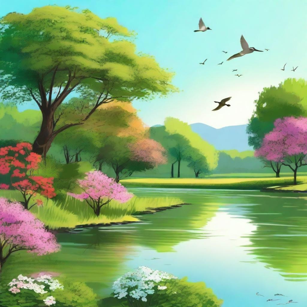 A serene landscape with a clear blue sky, lush green trees, and a calm river flowing through