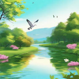 A serene landscape with a clear blue sky, lush green trees, and a calm river flowing through