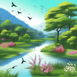 A serene landscape with a clear blue sky, lush green trees, and a calm river flowing through