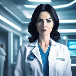 A dark-haired white woman in a hospital outfit stands as a patient