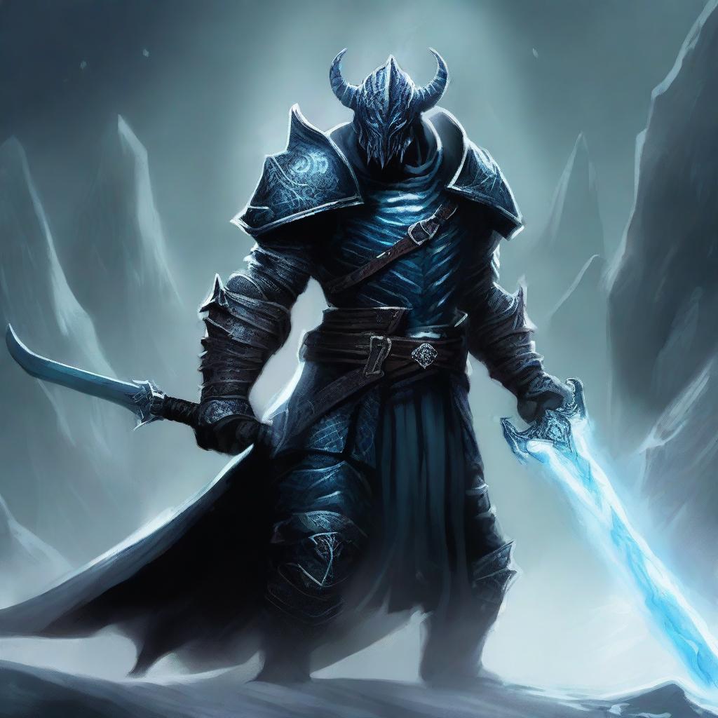 A powerful dragonborn death knight wielding an ice sword and clad in dark, menacing armor