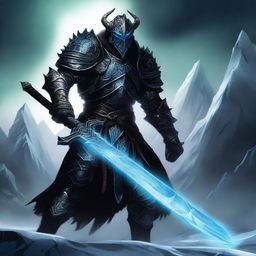 A powerful dragonborn death knight wielding an ice sword and clad in dark, menacing armor