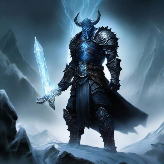 A powerful dragonborn death knight wielding an ice sword and clad in dark, menacing armor