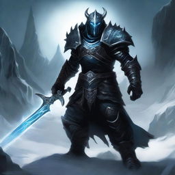 A powerful dragonborn death knight wielding an ice sword and clad in dark, menacing armor