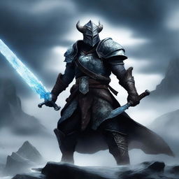 A powerful dragonborn knight wielding an ice sword and clad in dark, menacing armor