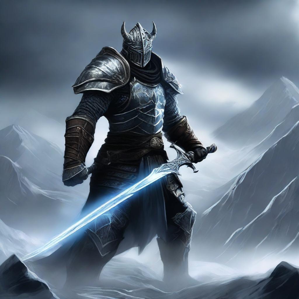 A powerful dragonborn knight wielding an ice sword and clad in dark, menacing armor