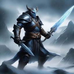 A powerful dragonborn knight wielding an ice sword and clad in dark, menacing armor