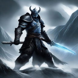 A powerful dragonborn knight wielding an ice sword and clad in dark, menacing armor