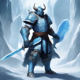 A majestic dragonborn knight standing tall and proud, wielding two ice swords