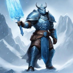 A majestic dragonborn knight standing tall and proud, wielding two ice swords