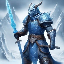 A majestic dragonborn knight standing tall and proud, wielding two ice swords