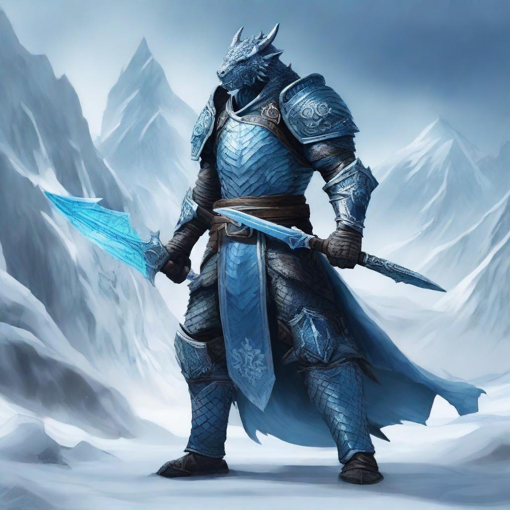 A majestic dragonborn knight standing tall and proud, wielding two ice swords