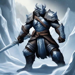 A powerful dragonborn knight standing tall and fierce, wielding two ice swords