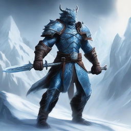 A powerful dragonborn knight standing tall and fierce, wielding two ice swords