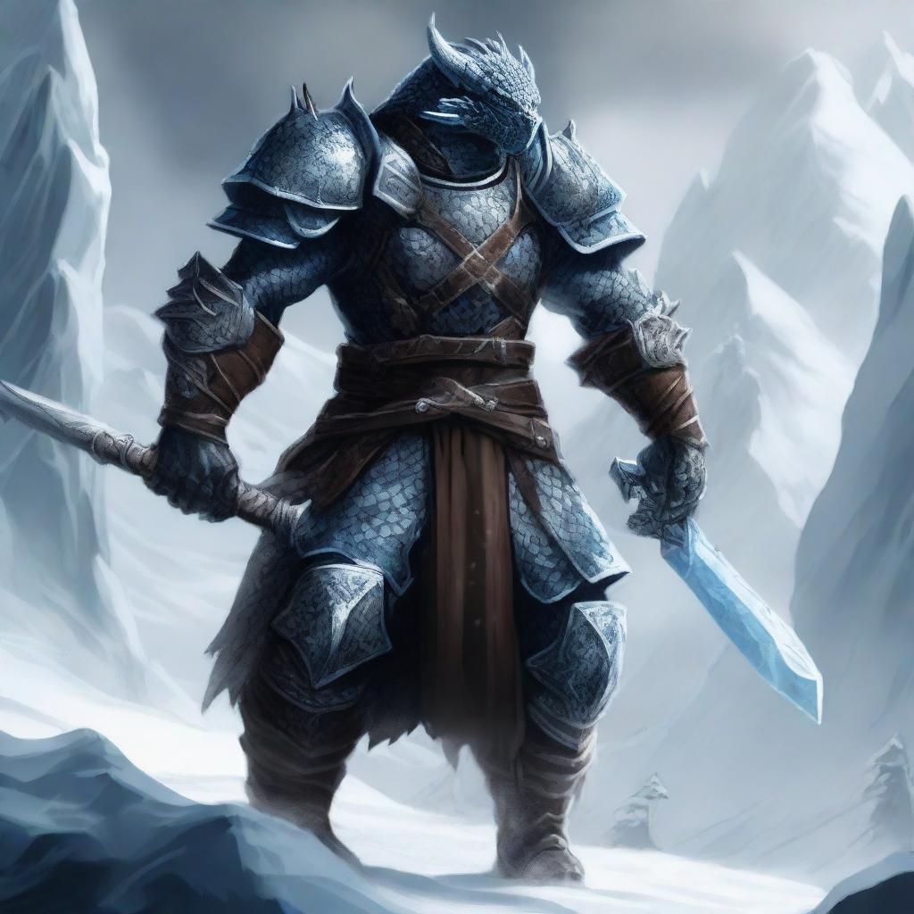 A powerful dragonborn knight standing tall and fierce, wielding two ice swords