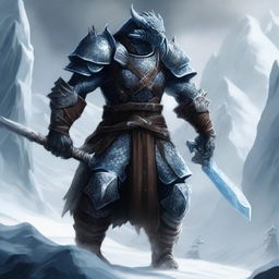 A powerful dragonborn knight standing tall and fierce, wielding two ice swords