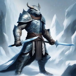 A powerful dragonborn knight standing tall and fierce, wielding two ice swords