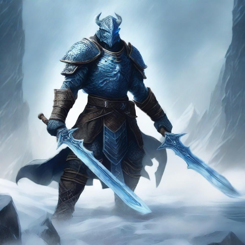 A formidable dragonborn knight standing tall and fierce, wielding two ice swords