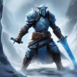 A formidable dragonborn knight standing tall and fierce, wielding two ice swords