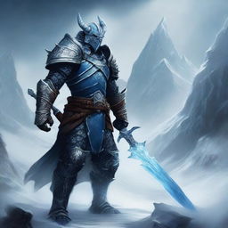 A formidable dragonborn knight standing tall and fierce, wielding two ice swords