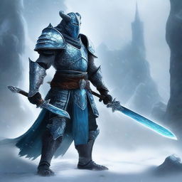 A formidable dragonborn knight standing tall and fierce, wielding two ice swords