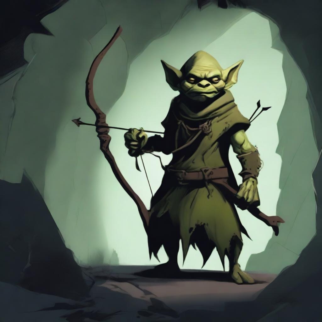 A single goblin archer standing in a dark, damp cave