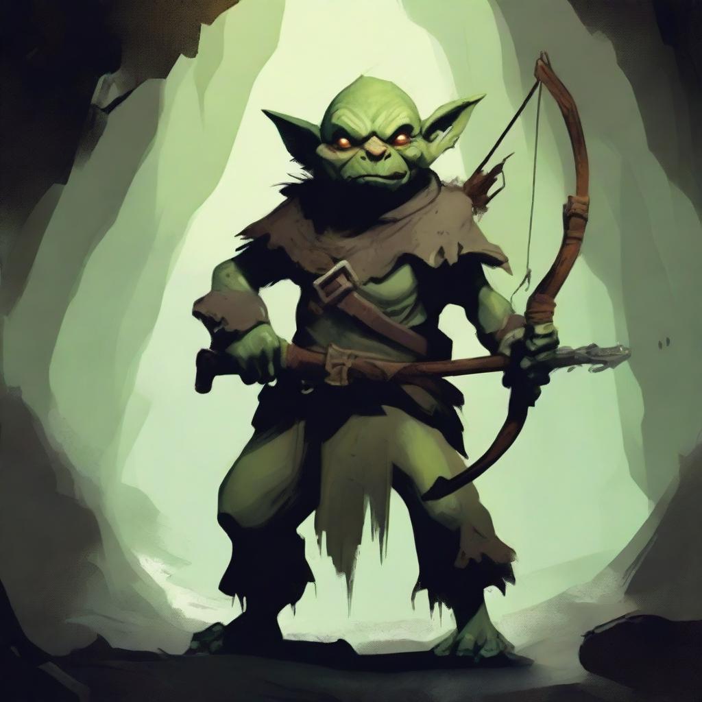 A single goblin archer standing in a dark, damp cave, holding a crossbow