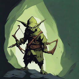 A single goblin archer standing in a dark, damp cave, holding a crossbow