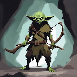 A single goblin archer standing in a dark, damp cave, holding a crossbow