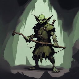 A single goblin archer standing in a dark, damp cave, holding a crossbow