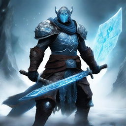 A powerful dragonborn knight stands ready for battle, holding two ice swords that emit a frosty glow