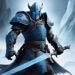 A powerful dragonborn knight stands ready for battle, holding two ice swords that emit a frosty glow