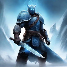 A powerful dragonborn knight stands ready for battle, holding two ice swords that emit a frosty glow