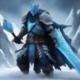 A powerful dragonborn knight stands ready for battle, holding two ice swords that emit a frosty glow