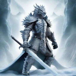 A powerful dragon man knight wielding two ice swords, standing in a heroic pose