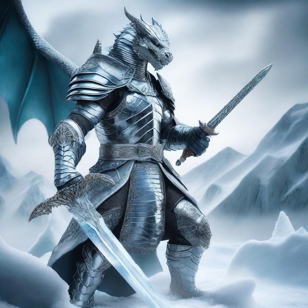 A powerful dragon man knight wielding two ice swords, standing in a heroic pose